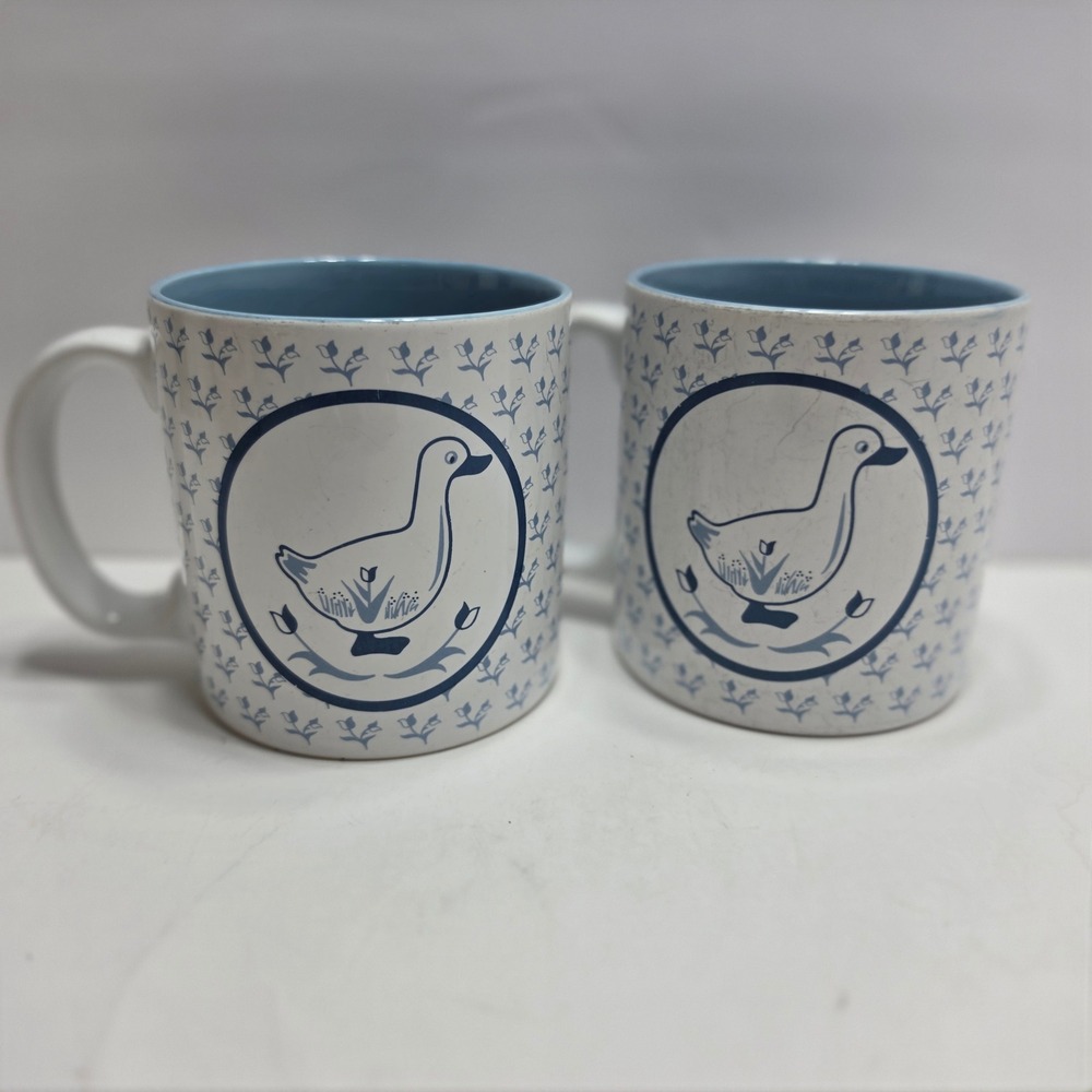 Vintage Russ Berrie Blue White Goose Coffee Mug Set of 2 Korea 8211 Cottagecore